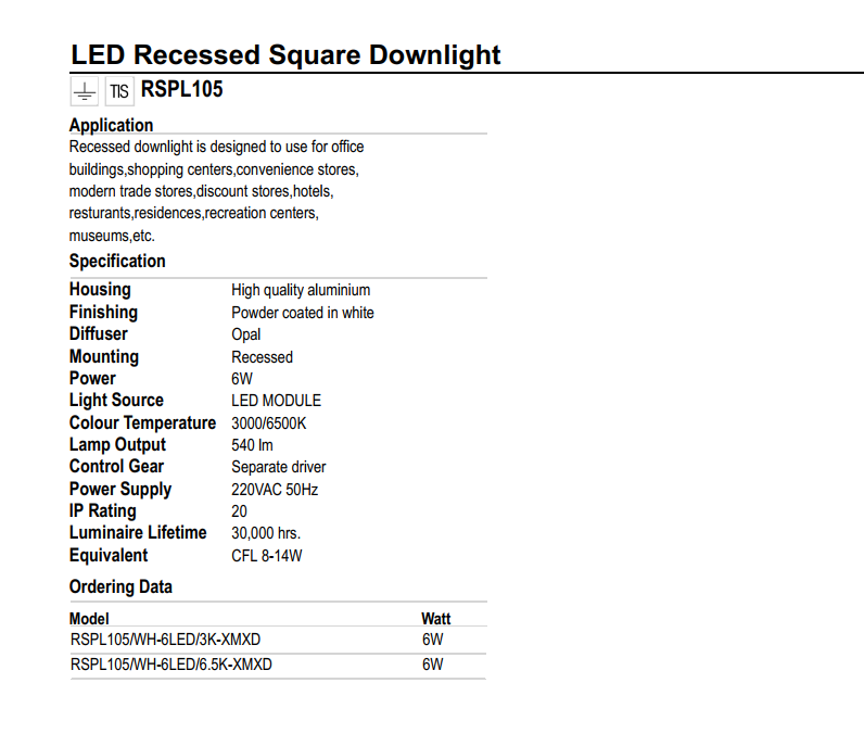 ĐÈN LED ÂM TRẦN VUÔNG LUMAX#RSPL105/W-6LED/XMXD