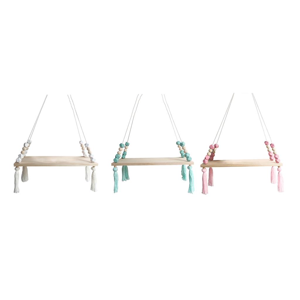 Wooden Floating Rope Wall Hanging Shelf Book Kitchen Bedroom Decor White
