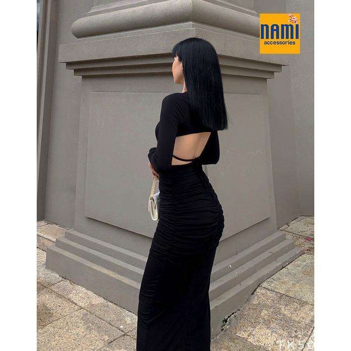 Set Áo Croptop Tay Dài Cutout Lưng Kèm Chân Váy Body Rúm Chuẩn Xịn Căng Đét Quyến Rũ - QANU522