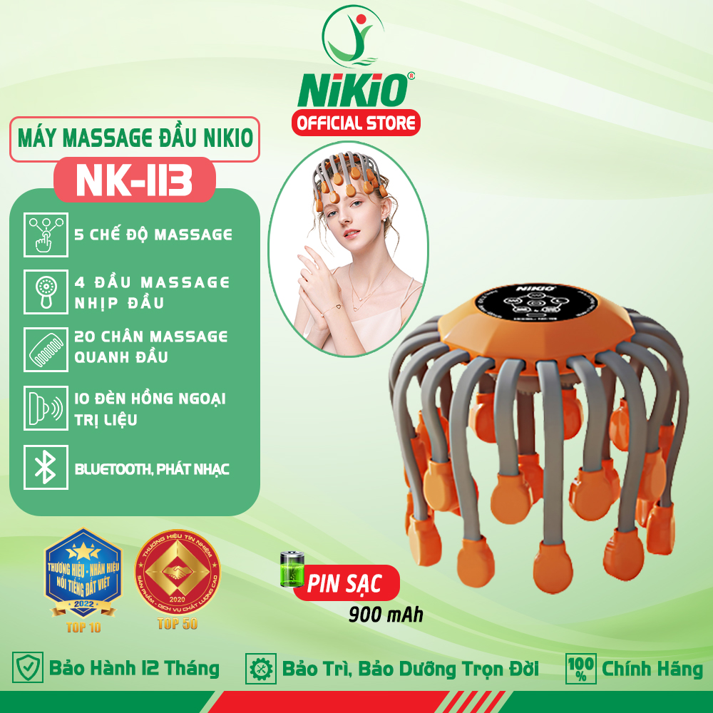 Máy Massage Đầu Bạch Tuột Nikio NK-113 - 20 Chân Rung Mát Xa, Hỗ Trợ Giảm Đau Đầu, Cải Thiện Trí Nhớ, Tích Hợp Hồng Ngoại, Kết Nối Bluetooth Nghe Nhạc Thư Giãn - 5 Chế Độ Mát Xa Tăng Tuần Hoàn Máu, Giảm Stress Giúp Dễ Ngủ