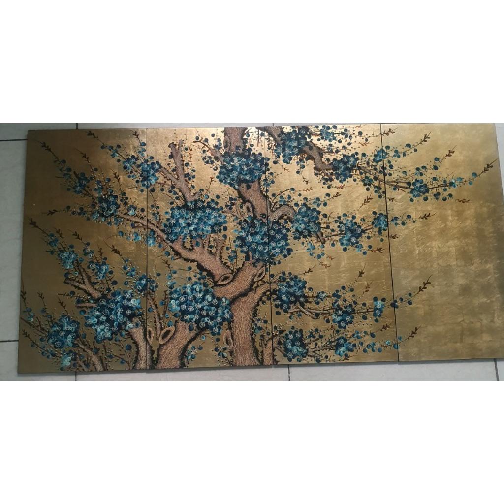 Tranh sơn mài cao cấp, thủ công mỹ nghệ Thanh Bình Lê size 120x60 cm - Bộ Tranh hoa đào và đàn Hạc tiên (4 tấm 30x60 cm)