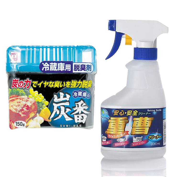 Combo Dung dịch tẩy rửa Baking soda dạng xịt 300ml + Hộp khử mùi tủ lạnh than hoạt tính Kokubo 150g - Hàng nội địa Nhật Bản