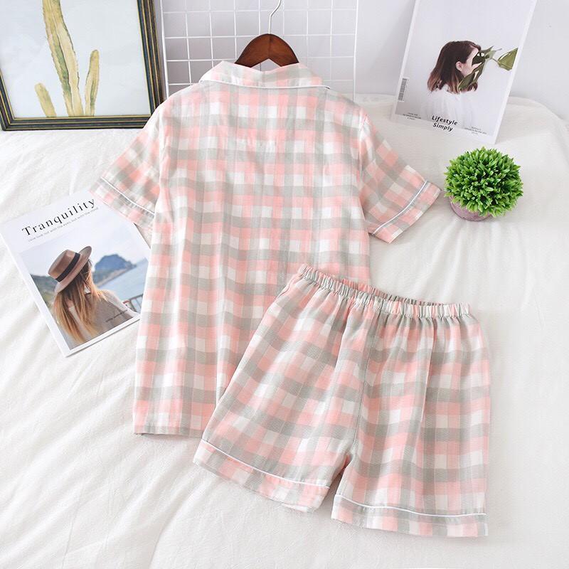 Bộ pyjama nữ mặc nhà, mặc ngủ dáng ngắn chất vải xô mềm mát họa tiết kẻ caro