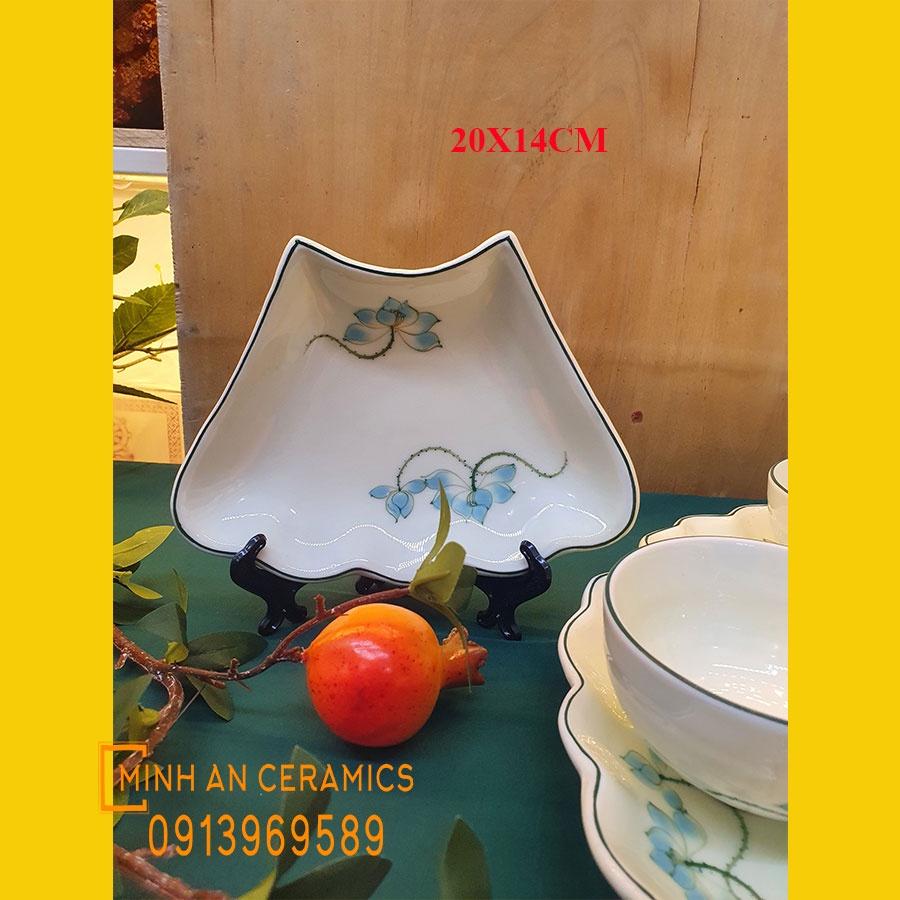 Bộ đồ ăn hoa mặt trời 15 món vẽ sen xanh gốm Minh An Bát Tràng kích thước 45cm