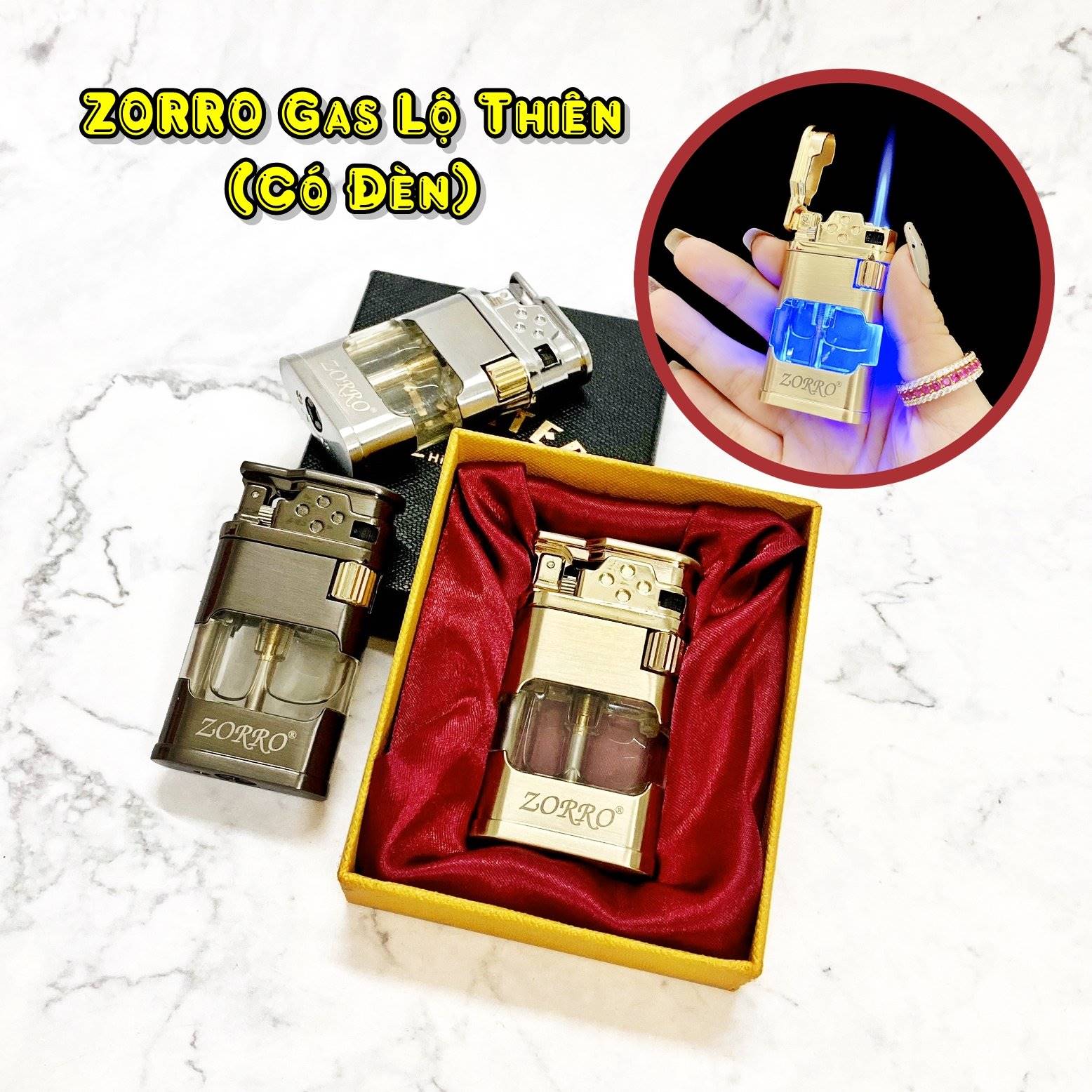 Hộp quẹt bật lửa gas lộ thiên có đèn sang trọng - (xài gas)