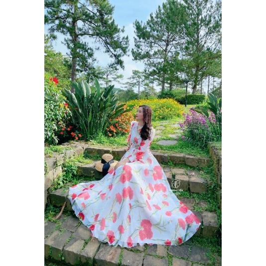 Đầm trắng hoa đỏ tay dài siêu xinh siêu phồng xoè