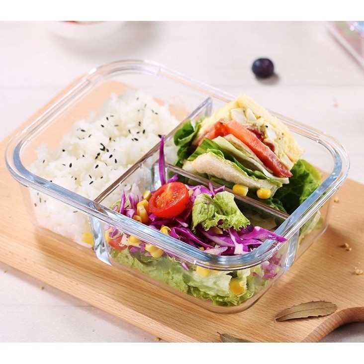 Bộ Hộp Cơm Thủy Tinh 3 Ngăn Cao Cấp - Kèm Túi Xách , Bát Tròn đựng canh và Đũa Thìa inox