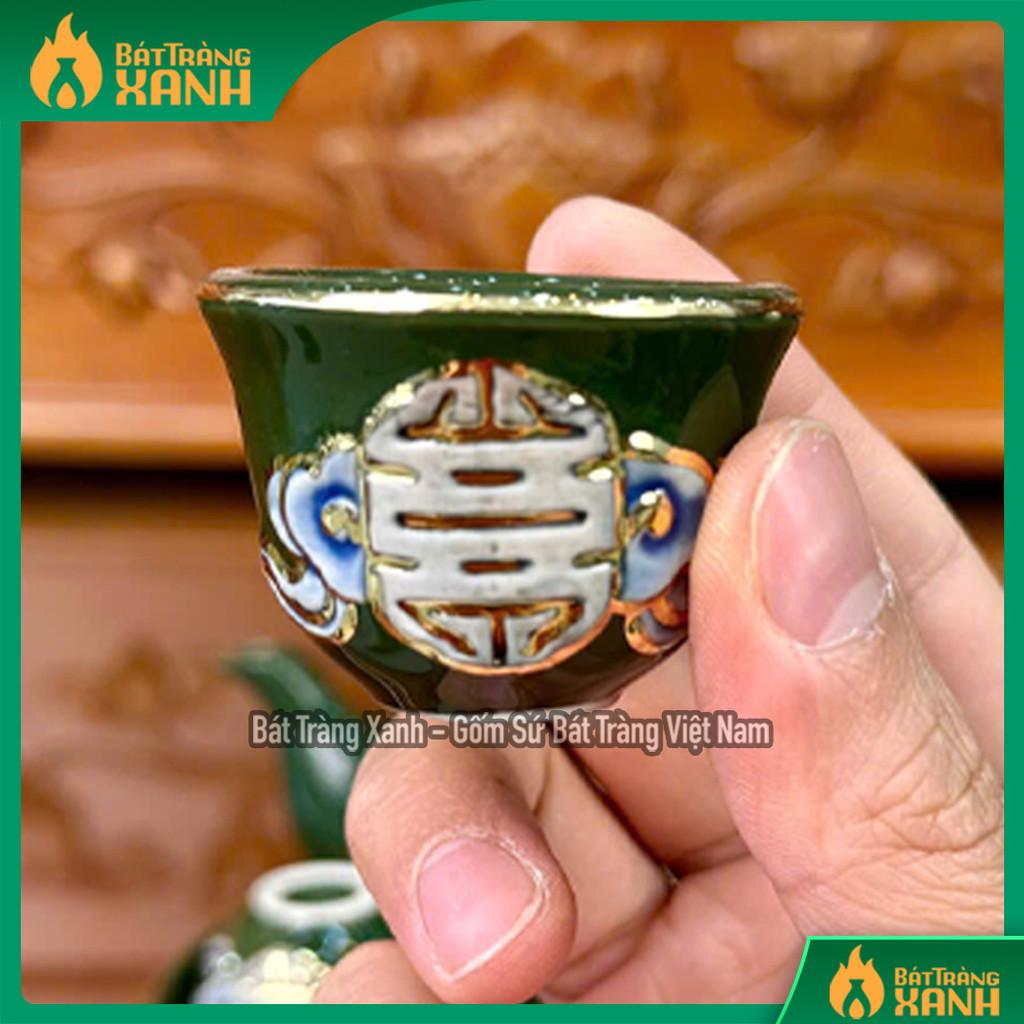 Bộ Ấm Trà Đắp Nổi Đào Thọ Vẽ Vàng RỒNG VIỆT, Gốm Bát Tràng Men Xanh Cao Cấp