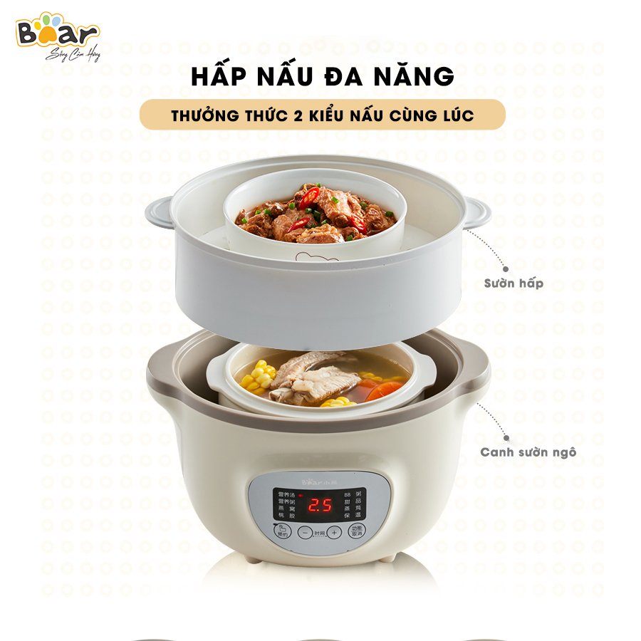 Nồi Nấu Chậm 1,6L Bear SUBE002 Đa Năng Nấu Cháo, Chưng Yến Bản Quốc Tế - Hàng Chính Hãng