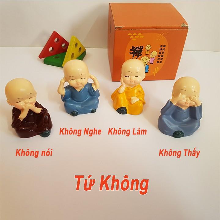 Bộ 4 tượng chú tiểu bốn hòa thượng tứ không mini để bàn làm việc đẹp bằng sứ an lạc