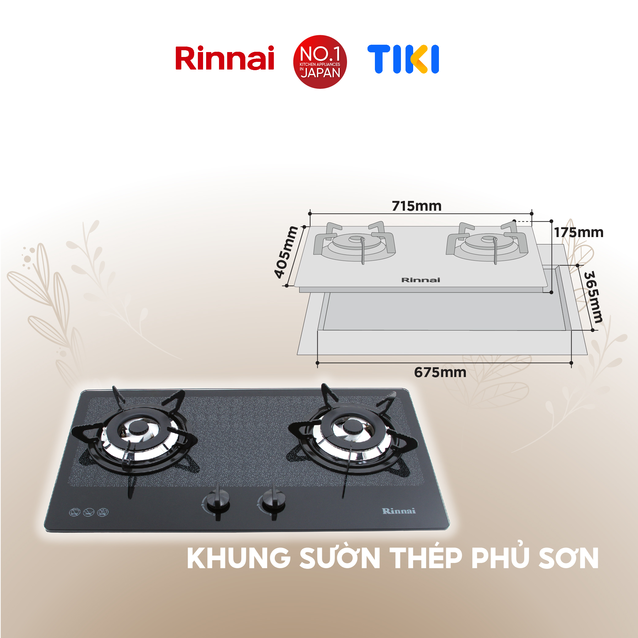 Bếp gas âm Rinnai RVB-2BG(D)N mặt bếp kính và kiềng bếp men - Hàng chính hãng.
