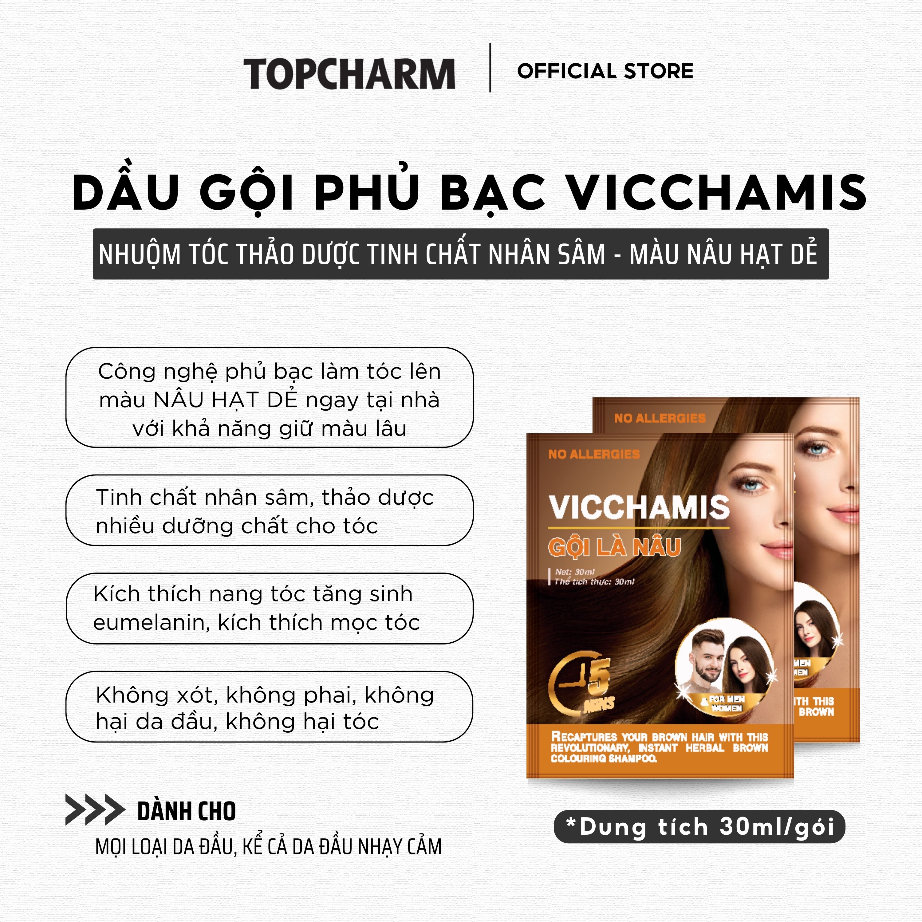 Dầu gội phủ bạc màu nâu hạt dẻ, dưỡng tóc mềm mượt chiết xuất nhân sâm Vicchamis