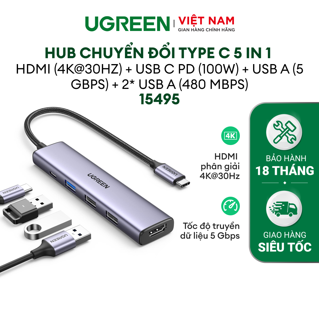 Hub chuyển đổi Type C Ugreen 5 in 1 | Vỏ nhôm cao cấp | Truyền tải nhanh chóng | Hàng chính hãng - Bảo hành 18 tháng 1 đổi 1 | 15596 15597 15495