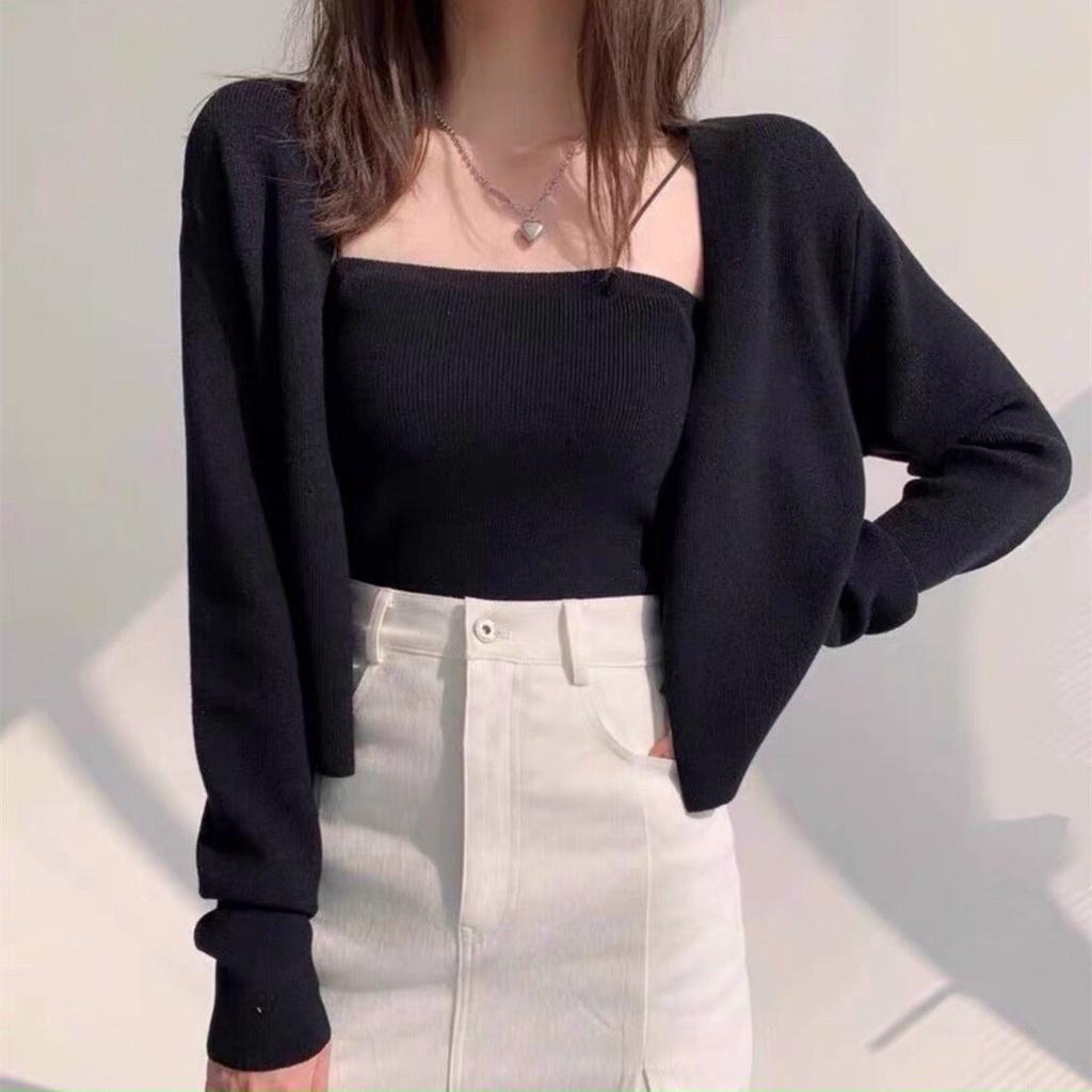 Set áo 2 dây len tăm cardigan