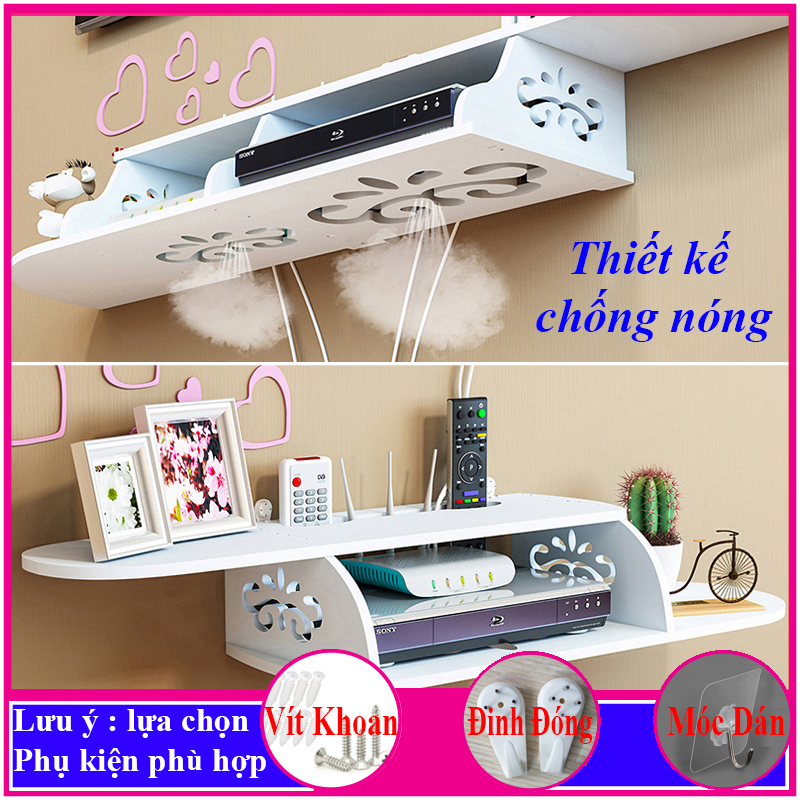 Kệ treo tường, kệ tivi kệ đặt modem wifi, đầu thu kỹ thuật số, remote, điện thoại, chất liệu gỗ Pitech cao cấp màu trắng - a15