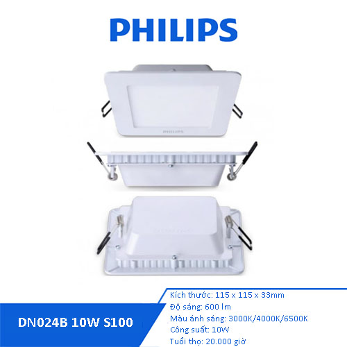 Bộ đèn PHILIPS âm trần vuông DN024B 10W LED6 D100