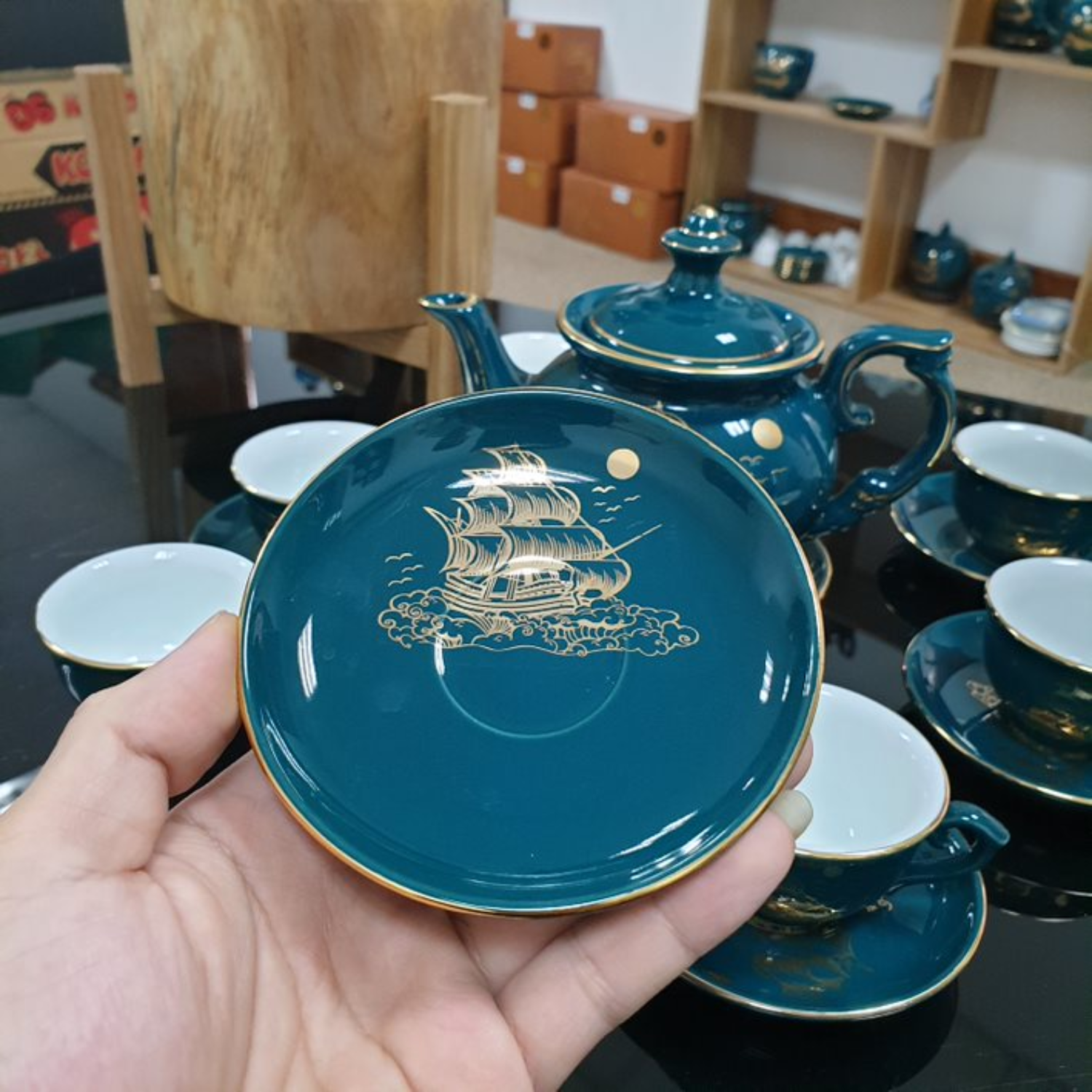 Bộ ấm chén uống trà cao cấp , bộ ấm trà Bát Tràng - thuận buồm xuôi gió xanh mallard
