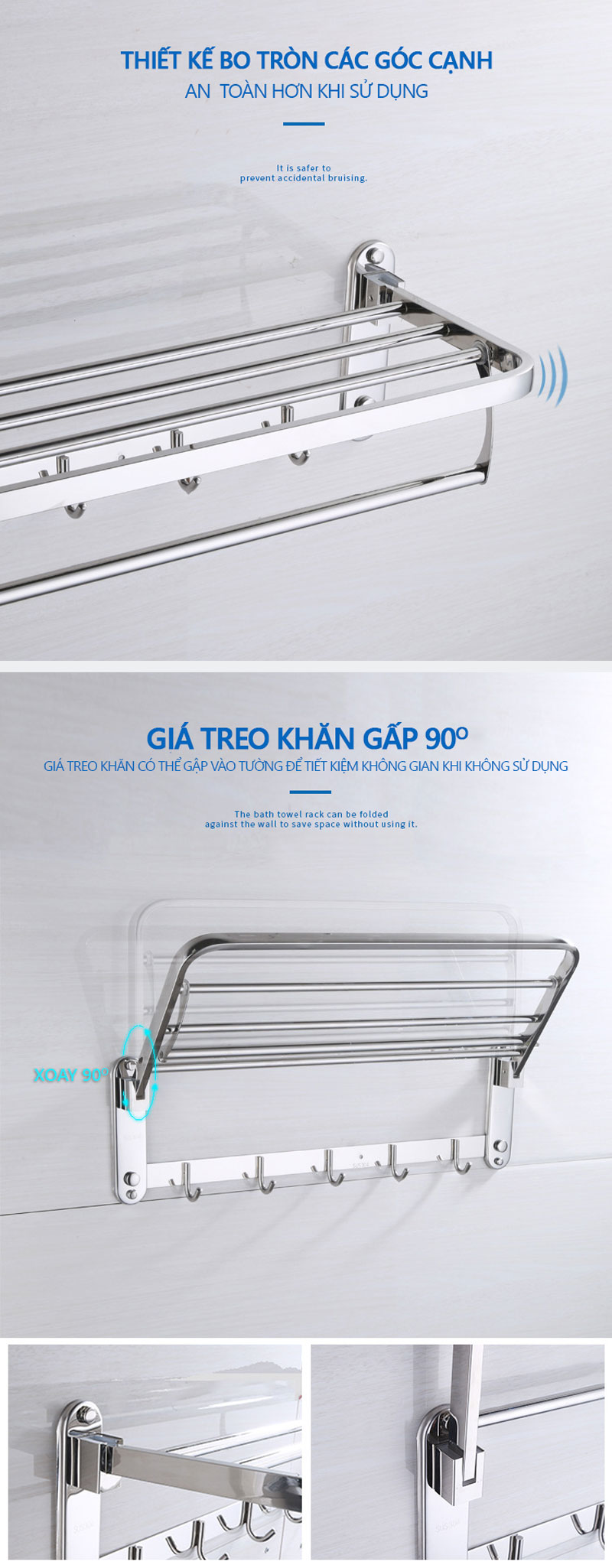 GIÁ ĐỂ ĐỒ KẾT HỢP TREO KHĂN INOX 304 ĐA NĂNG KÈM 5 MÓC ÁO 9033