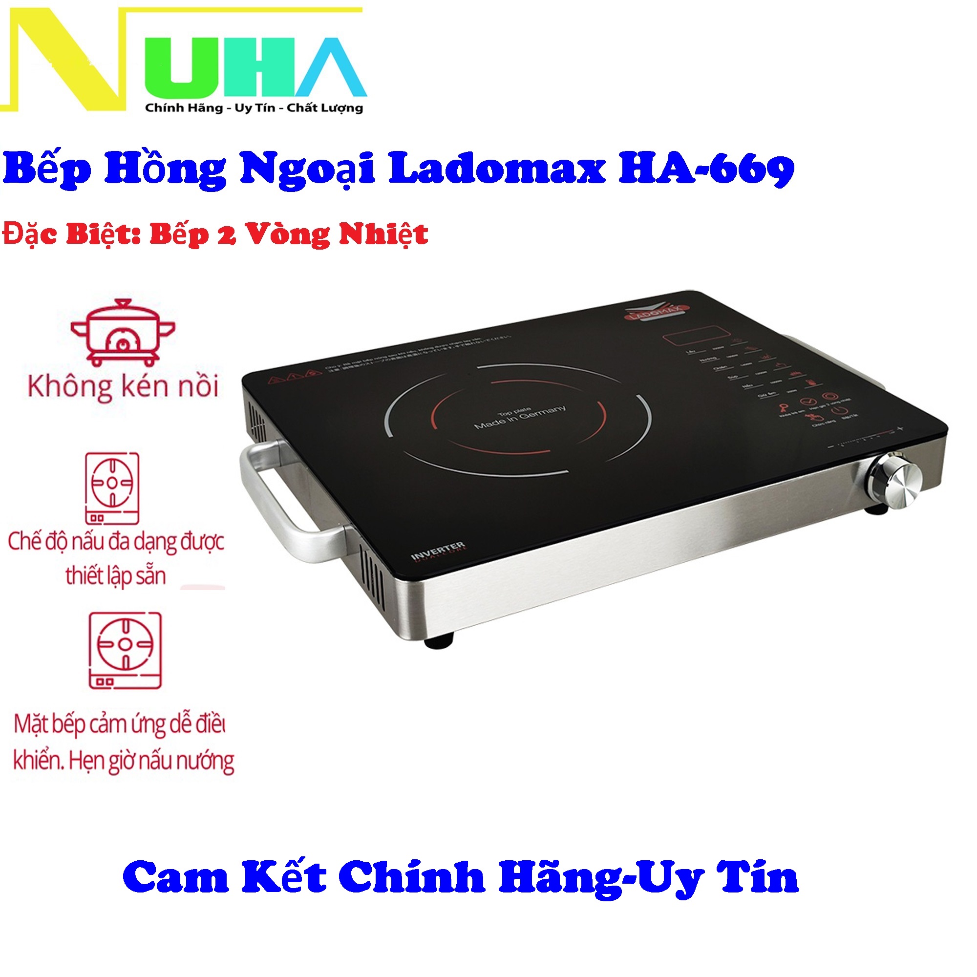 Bếp hồng ngoại 2 vòng nhiệt tiết kiệm điện Ladomax 669 công suất 2200W, không kén nồi chảo, nướng được thức ăn-Hàng chính hãng