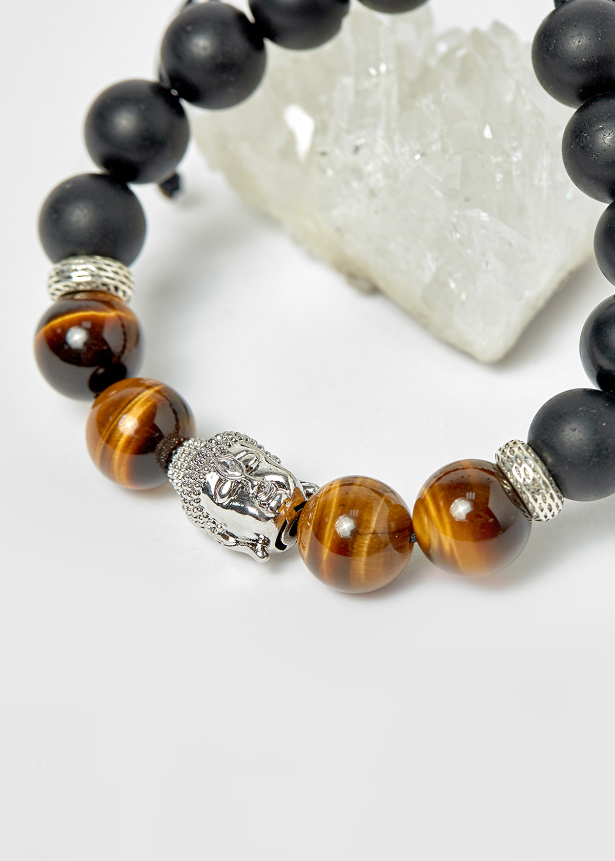 Vòng đá obsidian phối thạch anh mắt hổ vàng nâu và charm phật hạt 10mm - Ngọc Quý Gemstones