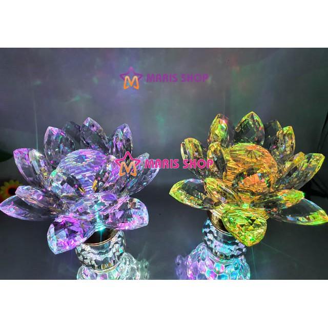 Đèn bàn thờ hoa sen pha lê cao cấp nguyên khối LED đổi màu tự động cao 25cm