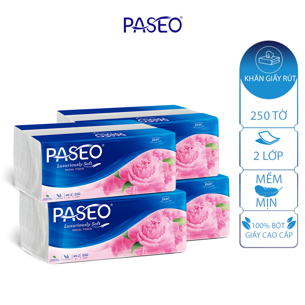 Combo 4 gói khăn giấy rút cao cấp Paseo dai, mềm mịn (250 tờ 2 lớp)/gói