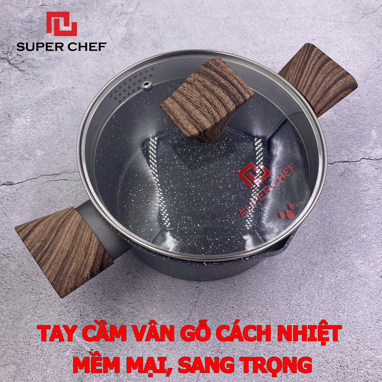 Nồi Vân Đá Đáy Từ Super Chef Đáy 5 Lớp Chống Dính Tốt, Nấu Nhanh, Chín Đều Thơm Ngon, Siêu Bền Bỉ Không Bong Tróc, Hạn Chế Trầy ( Size 20-24cm)