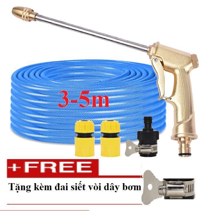 Bộ dây vòi xịt nước rửa xe, tưới cây . tăng áp 3 lần,loại 3m,5m 206701-3 đầu đồng,cút nối nhựa đen+ tặng đai