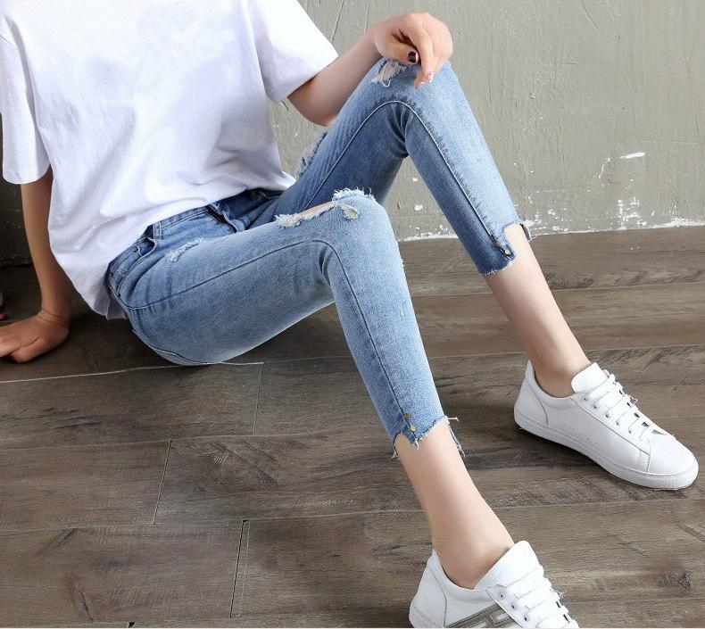 [SIZE ĐẠI 60kg~90kg] Quần jean dài 9 tấc BIG SIZE lưng cao, màu xanh nhạt, rách kiểu, co dãn mạnh 32566
