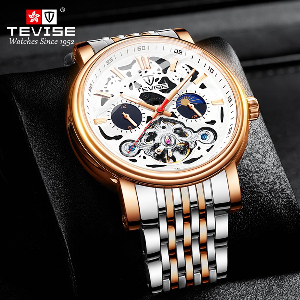 Đồng hồ cơ tự động TEVISE Men Dây đeo bằng thép không gỉ Hiển thị thời gian và pha mặt trăng Thiết kế phát sáng Chống thấm nước 3ATM
