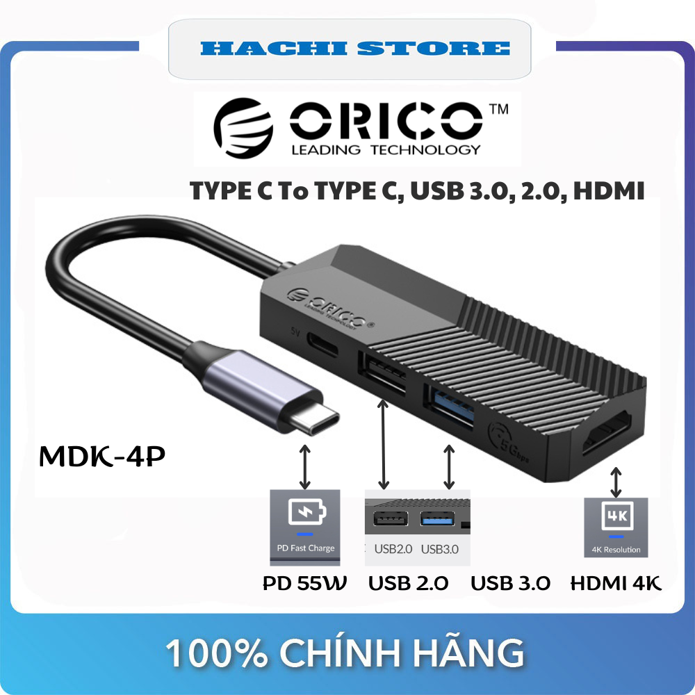 Hub typec 4 trong 1 Orico MDK-4P sang HDMI 4K, 1 x USB-C PD 55W, USB 3.0,2.0 - Hàng Chính Hãng