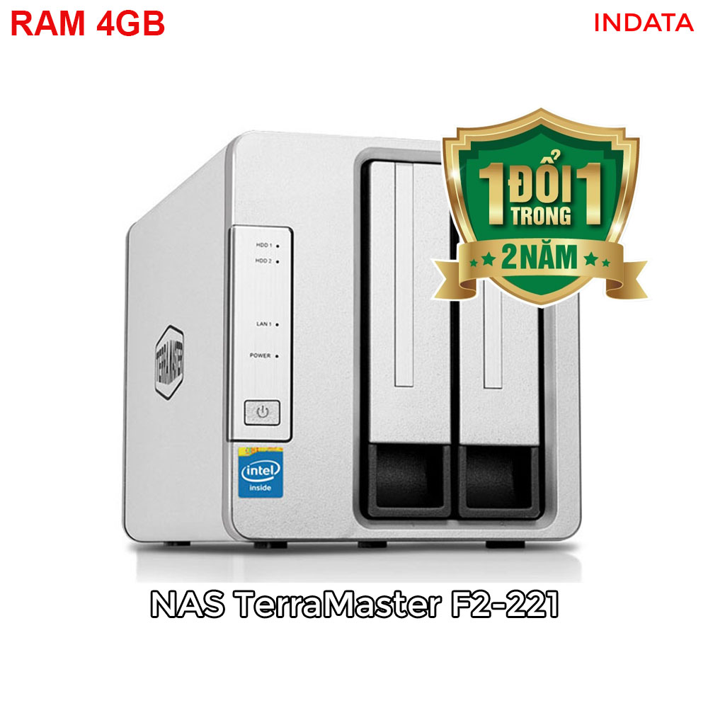Bộ lưu trữ mạng NAS TerraMaster F2-221, Intel Dual-core 2.0GHz, 4GB RAM, LAN 2x 1GbE, 2 khay ổ cứng RAID 0,1,JBOD,Single - Hàng chính hãng