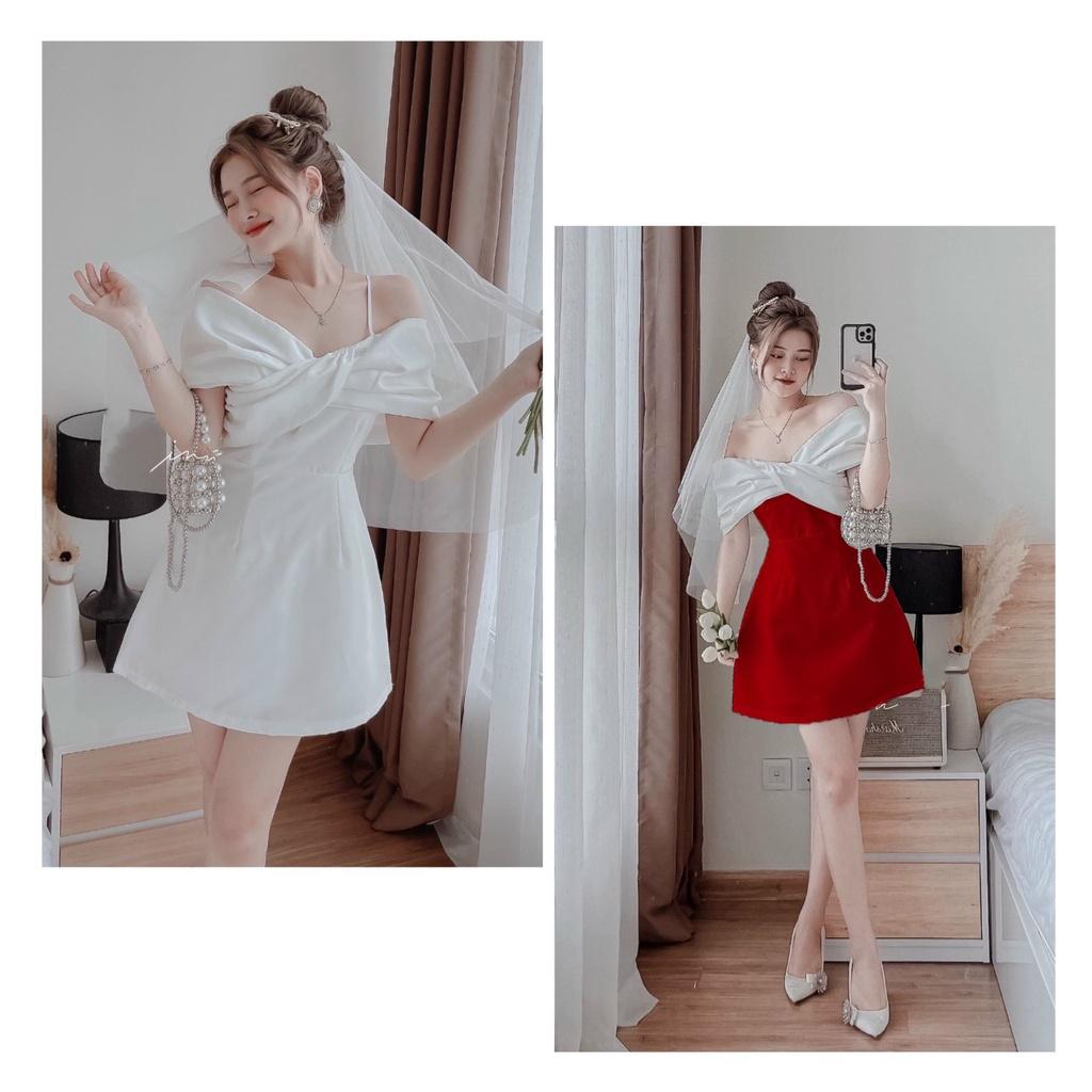 Đầm đỏ 2 dây trễ vai xoắn nơ ngực váy cưới cô dâu mẫu nina lê dự tiệc