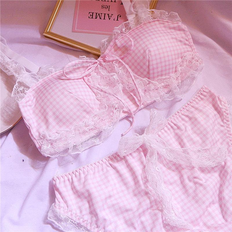 Cô Gái Ngọt Dễ Thương Dây Tự Do Thoải Mái Bộ Áo Ngực Animie Lolita Đồ Lót Nữ Phù Hợp Với Ren KẺ SỌC ĐÁNG Áo Ngực Và Quần bộ