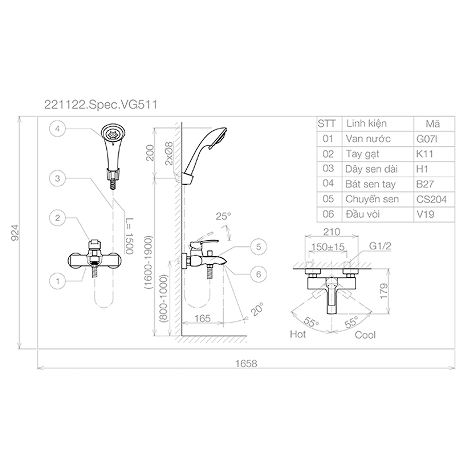 Sen tắm dây nóng lạnh Viglacera VG511, chất liệu đồng nguyên chất, mạ crom - niken, van tay cầm gật gù - Hoa Sen Home - Hàng chính hãng