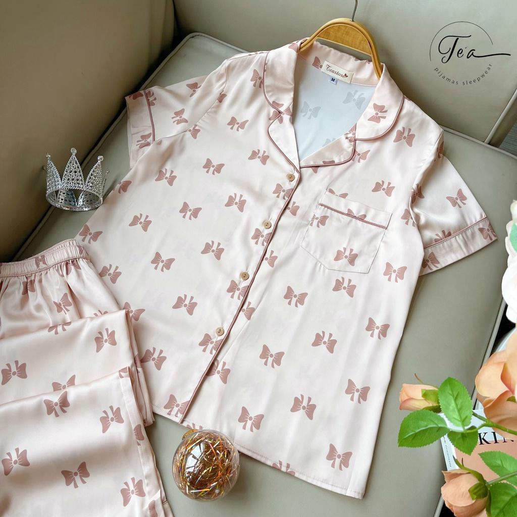 Bộ mặc nhà pyjama lụa cao cấp Tea Store tay dài quần dài họa tiết Tim sang trọng