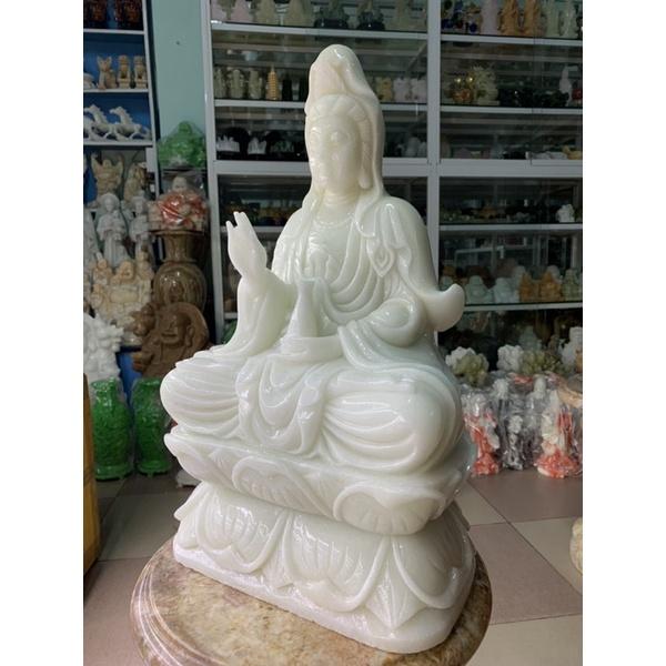 Tượng Phật Quan Thế Âm Bồ Tát Ngồi Đài Sen Cầu Bình An Đá Cẩm Thạch Trắng - cao 51cm