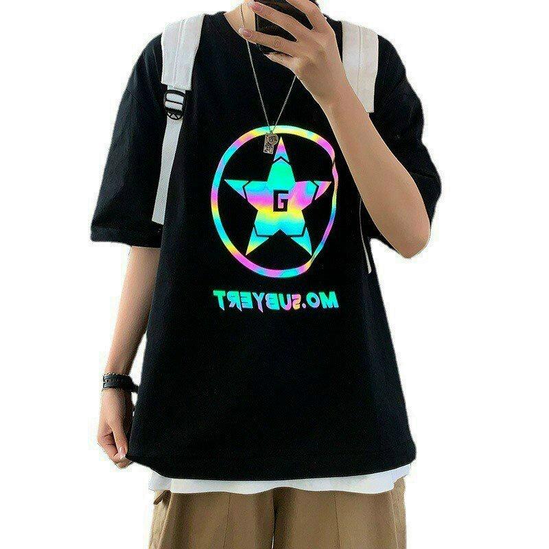 Áo thun phản quang 7 màu in ngôi sao nhìu màu sắc nét thun cotton 4 chiều mịn dày phong cách năng động,áo thun ngôi sao vòng tròn phản quang 7 màu phom rộng chất cotton thoáng mát