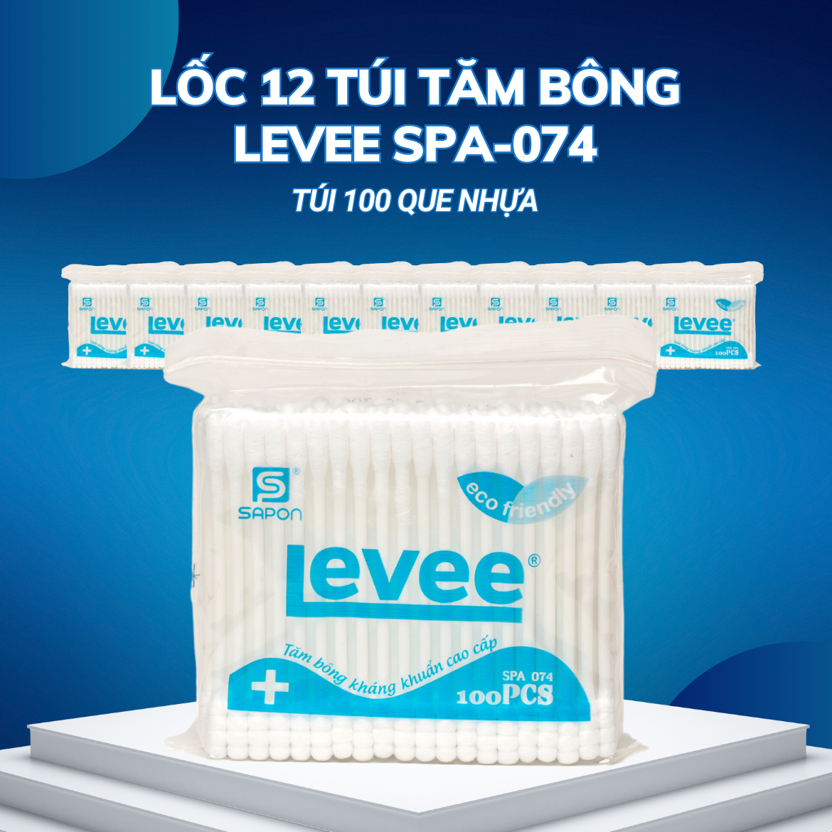 Lốc 12 gói Tăm bông Levee người lớn thân nhựa túi 100 que SPA-074