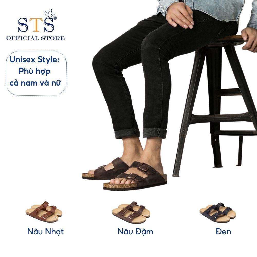 Giày Sandal quai ngang Birken đế trấu unisex nam nữ DA BÒ THẬT NGUYÊN TẤM đi học đi biển chống nước nhẹ D01