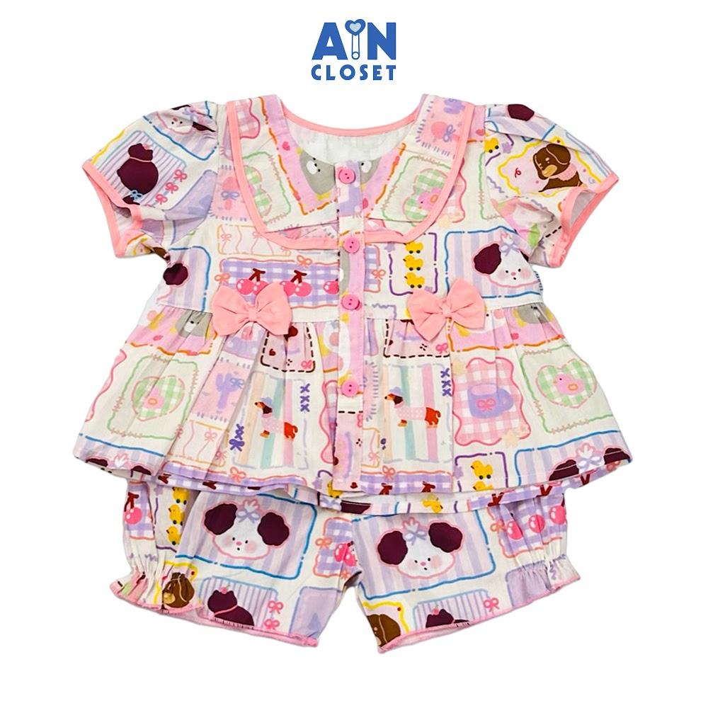 Bộ quần áo Ngắn bé gái họa tiết Cún Nơ Hồng Cotton - AICDBG9H6T3C - AIN Closet