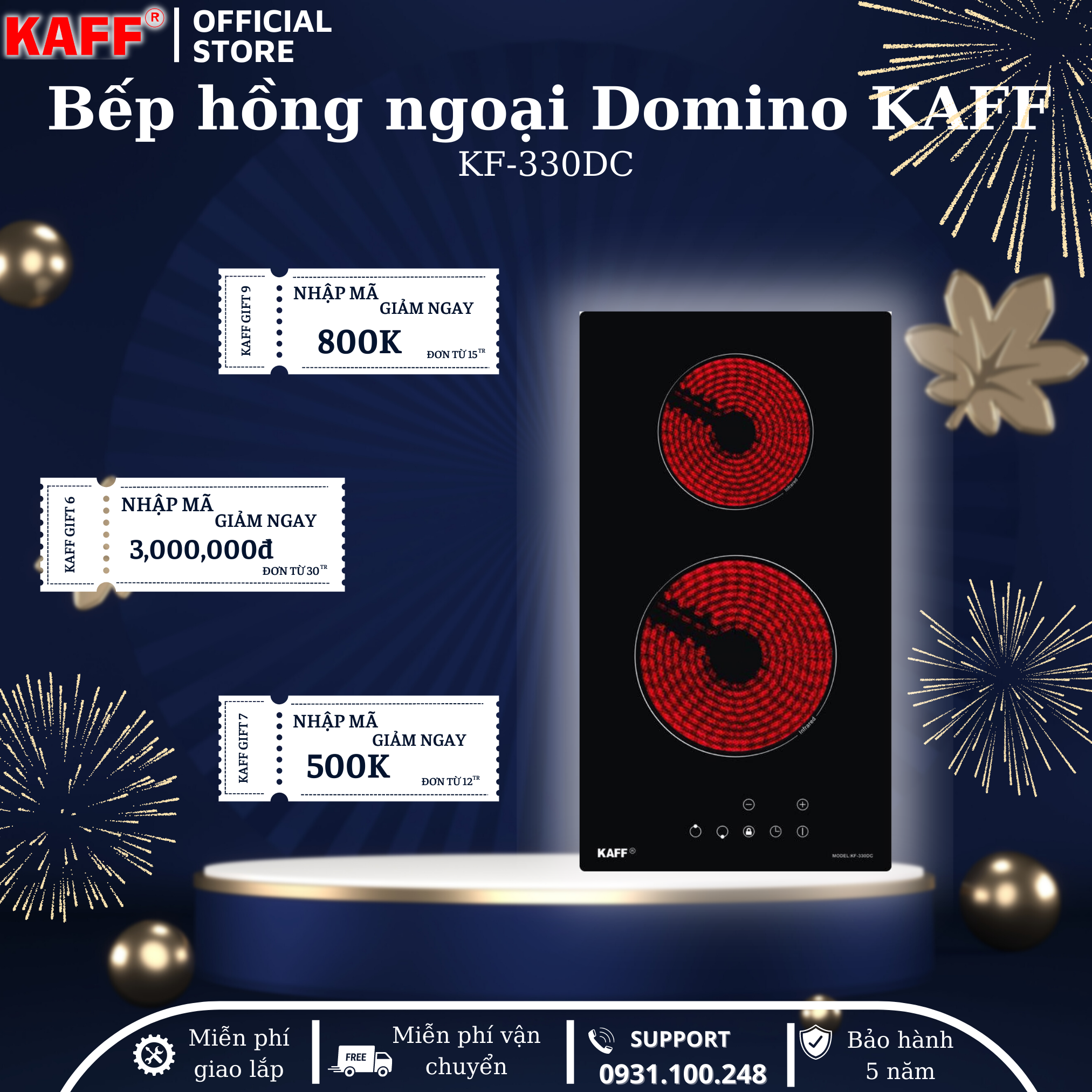 Bếp Domino hồng ngoại đôi nhập khẩu Malaysia KAFF KF-330DC - Hàng chính hãng