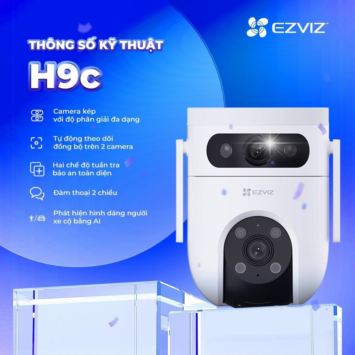 Camera Wifi Ezviz 2 Mắt Ngoài Trời H9C 3K 6MP/10MP, quay 360 độ, đàm thoại 2 chiều - Hàng chính hãng