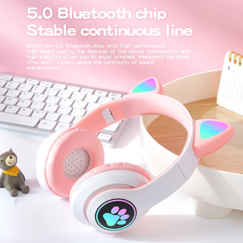Đèn Flash LED Mèo Tai Tai Nghe Bluetooth Bé Gái Âm Nhạc Không Dây Bảo Hiểm Thẻ TF Tai Nghe Gaming Chụp Tai Kèm Mic Tai Nghe Điện Thoại quà Tặng