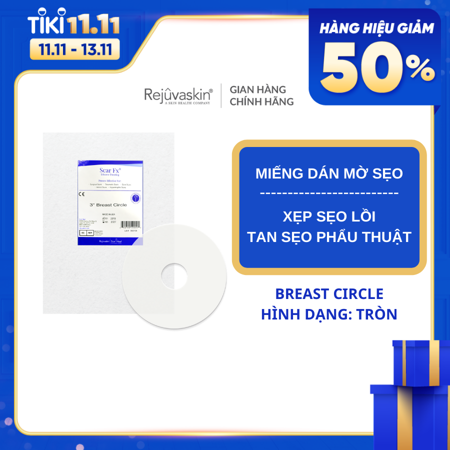 Miếng dán hỗ trợ trị sẹo phẫu thuật ngực Scar FX 3″ Breast Circle Rejuvaskin (Hình tròn)