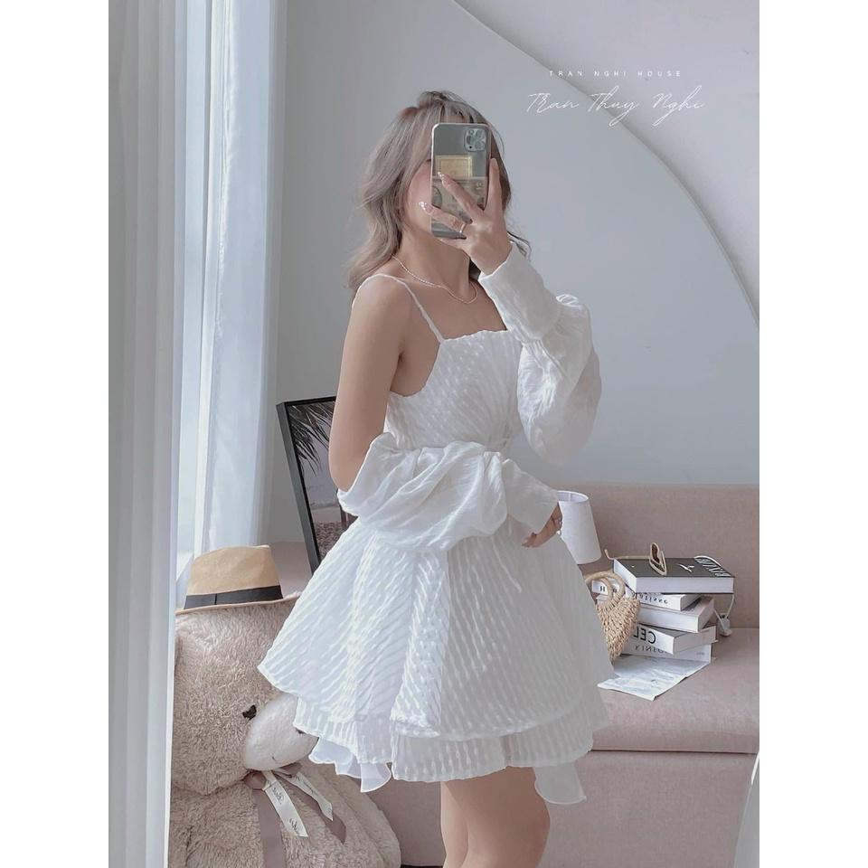 Set đầm 2 dây trắng đan dây ngực kèm khoác