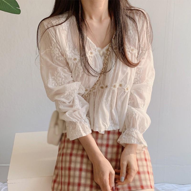 Áo Sơ Mi Cổ Chữ V In Hoa Xinh Xắn Phong Cách Hàn Quốc