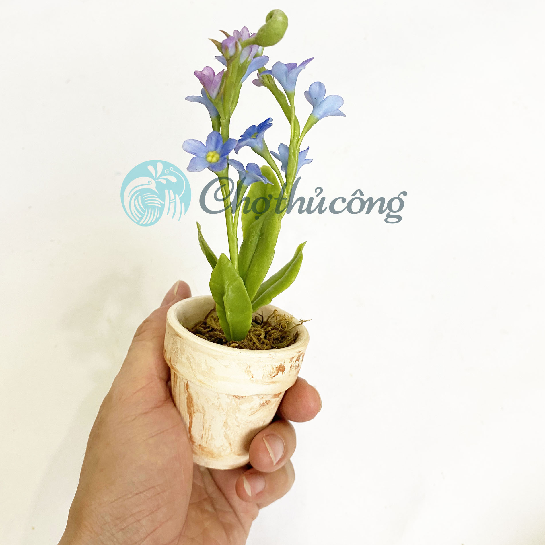 Chậu hoa lưu ly forget me not đất sét mini Nhật Thái, chậu cây mini hoa handmade - chậu hoa giả để bàn, quà tặng handmade