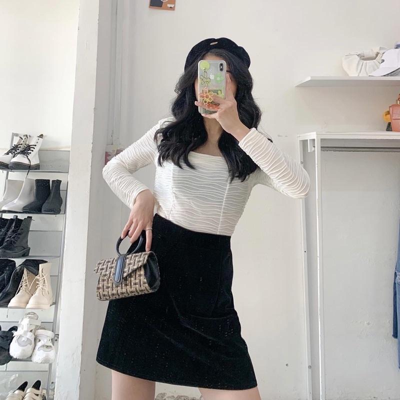 Set áo gân nổi chân váy nhung