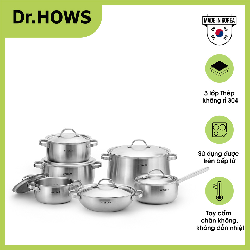 Bộ nồi Inox 3 lớp Full set Dr.Hows Stella 6 món